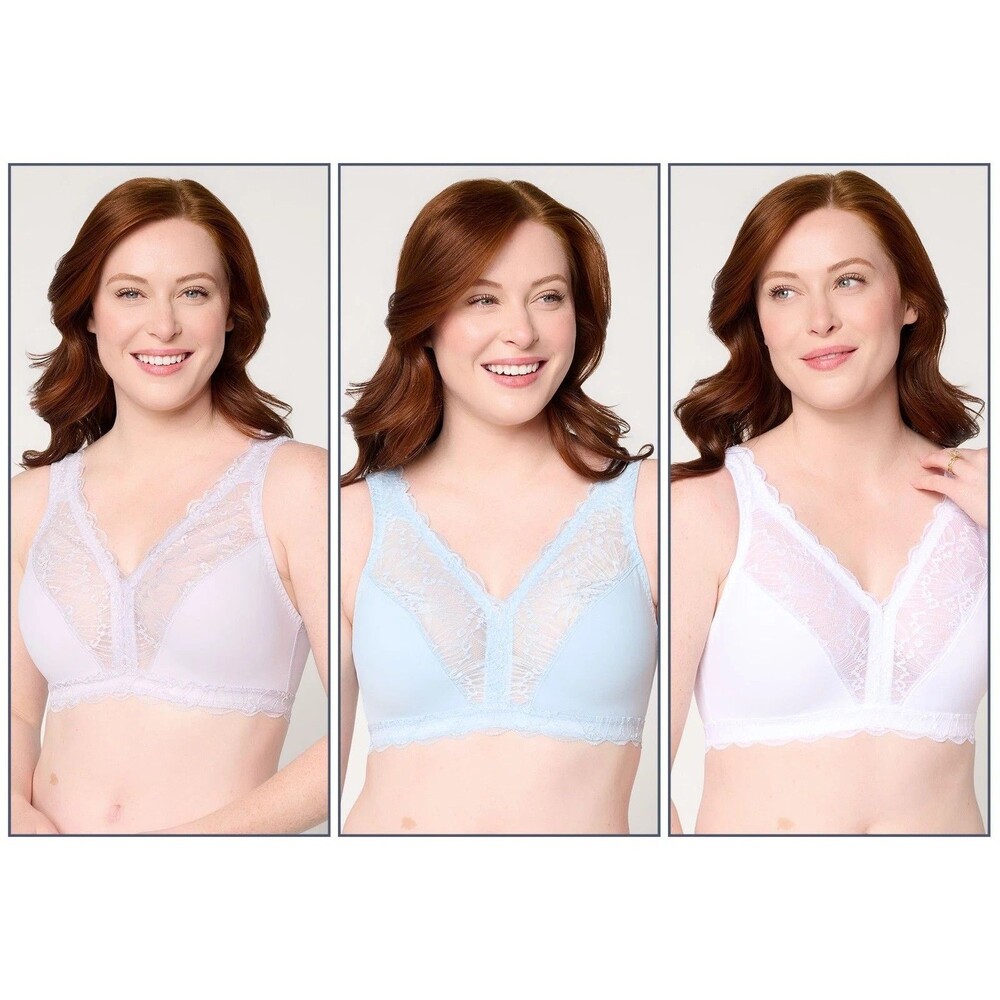 Breezies Soft Support Lace Wirefree Unlined Bra Set of 3 Pastel XL New